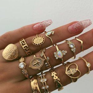Gold Rhinestone Decor Rings 15pcs